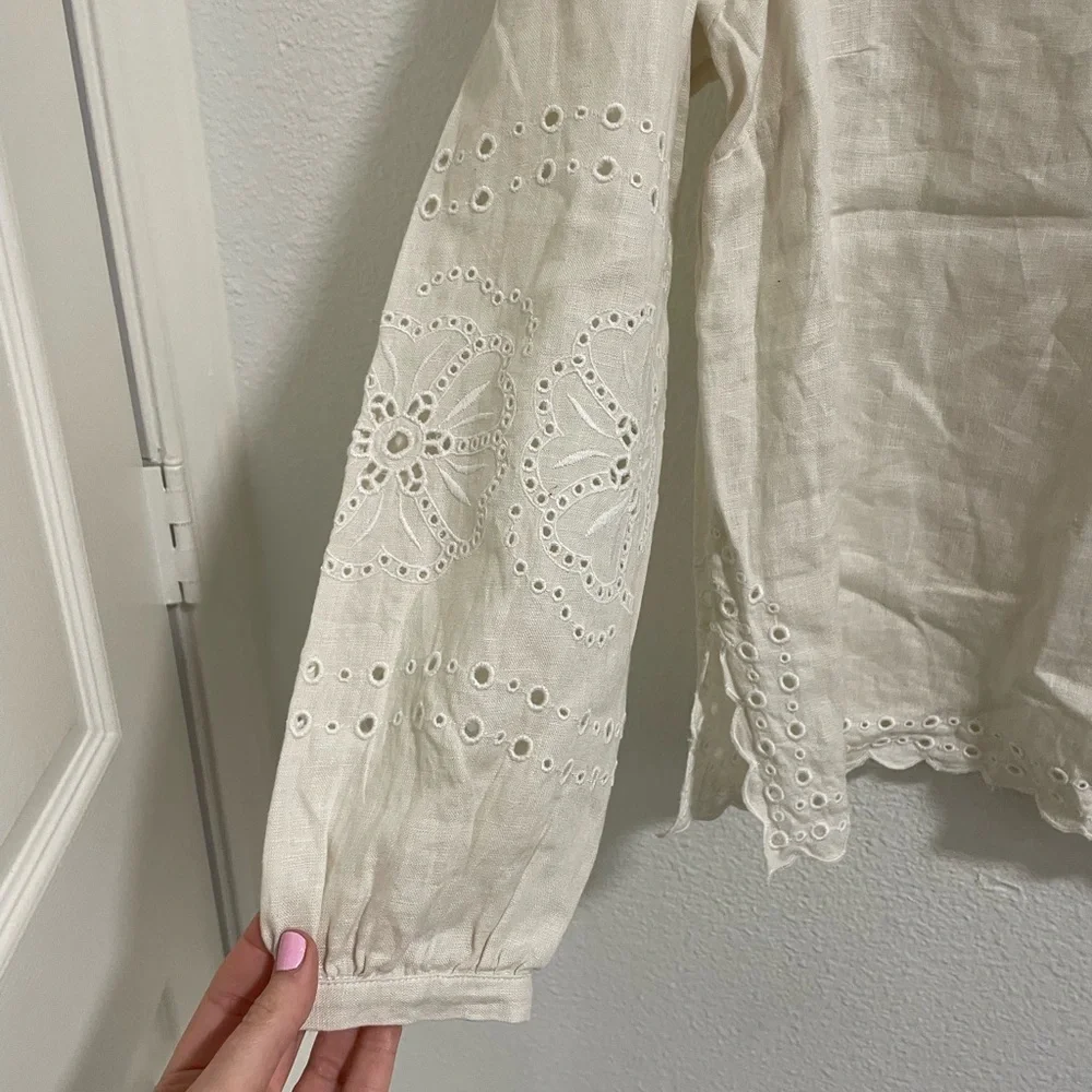 J. Crew Elegant linen Cream Lace Trim Blouse